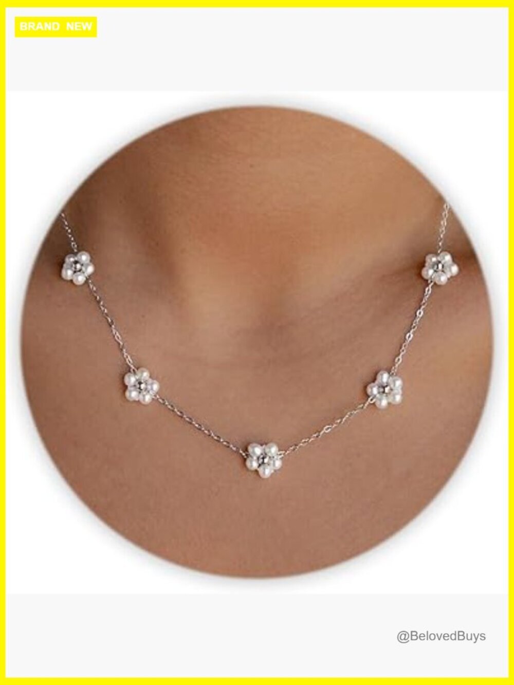 Stainless Steel Daisy Pearl Choker Necklace, Adjustable 15 Inch Chain